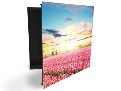 Glasdekor skříňka na klíče - pole tulipánů a větrné mlýny (Barva skříňky Černá, Otevírání Pravé)