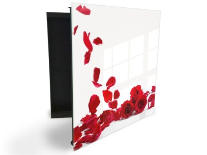 Glasdekor skříňka na klíče - květy a lístky červené růže na bílém (Barva skříňky Černá, Otevírání Pravé)