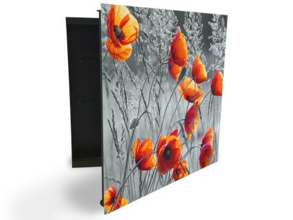 Glasdekor skříňka na klíče - květy vlčí máky a šedá tráva (Barva skříňky Černá, Otevírání Pravé)