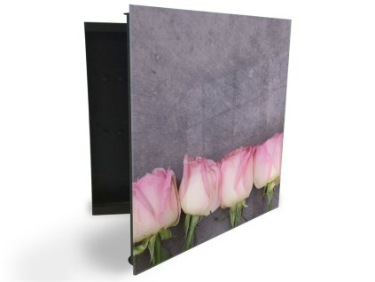 Glasdekor skříňka na klíče - květy růžové růže na šedém (Barva skříňky Černá, Otevírání Pravé)