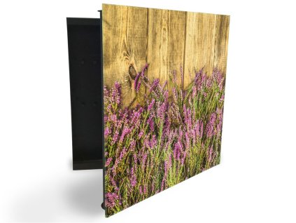 Glasdekor skříňka na klíče - fialové vřesy pozadí dřevo (Barva skříňky Černá, Otevírání Pravé)