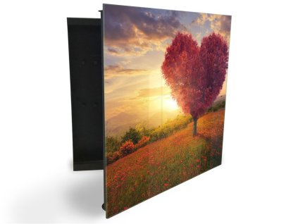 Glasdekor skříňka na klíče - růžový strom srdce a západ slunce (Barva skříňky Černá, Otevírání Pravé)