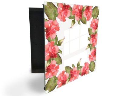 Glasdekor skříňka na klíče - květ korálová růže (Barva skříňky Černá, Otevírání Pravé)