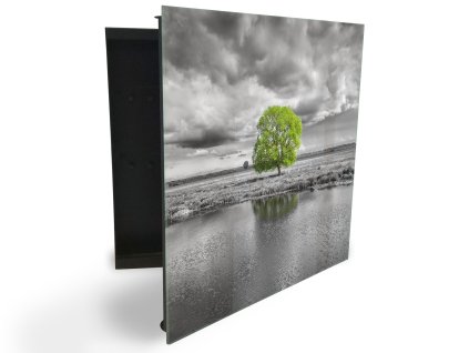 Glasdekor skříňka na klíče - šedá krajina a detail zelený strom (Barva skříňky Černá, Otevírání Pravé)