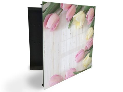 Glasdekor skříňka na klíče - květy tulipánů na bílém dřevě (Barva skříňky Černá, Otevírání Pravé)