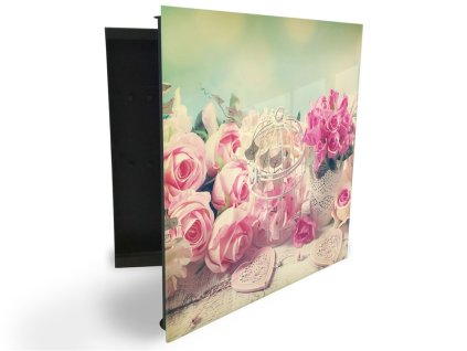 Glasdekor skříňka na klíče - romantické pozadí s květinami (Barva skříňky Černá, Otevírání Pravé)