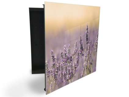 Glasdekor skříňka na klíče - květy levandule v ranním slunci (Barva skříňky Černá, Otevírání Pravé)