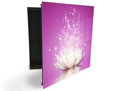 Glasdekor skříňka na klíče - bílý leknín se třpytky, růžové pozadí (Barva skříňky Černá, Otevírání Pravé)