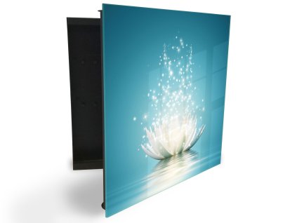 Glasdekor skříňka na klíče - bílý leknín se třpytky, modré pozadí (Barva skříňky Černá, Otevírání Pravé)