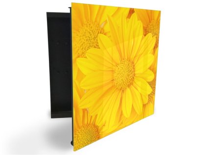 Glasdekor skříňka na klíče - žluté květy pozadí (Barva skříňky Černá, Otevírání Pravé)