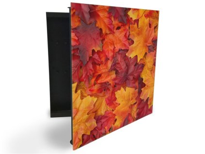 Glasdekor skříňka na klíče - červeno oranžové podzimní listí (Barva skříňky Černá, Otevírání Pravé)