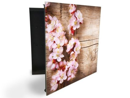 Glasdekor skříňka na klíče - větev rozkvetlé třešně na dřevě (Barva skříňky Černá, Otevírání Pravé)