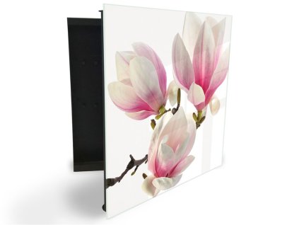 Glasdekor skříňka na klíče - květy magnolie na bílém podkladu (Barva skříňky Černá, Otevírání Pravé)