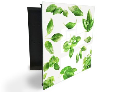 Glasdekor skříňka na klíče - lístky bazalky akvarel (Barva skříňky Černá, Otevírání Pravé)