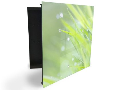 Glasdekor skříňka na klíče - ranní rosa na čerstvé trávě (Barva skříňky Černá, Otevírání Pravé)