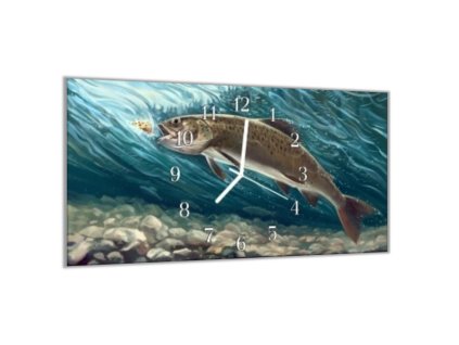 Nástěnné hodiny 30x60cm malovaný pstruh (Materiál kalené sklo)