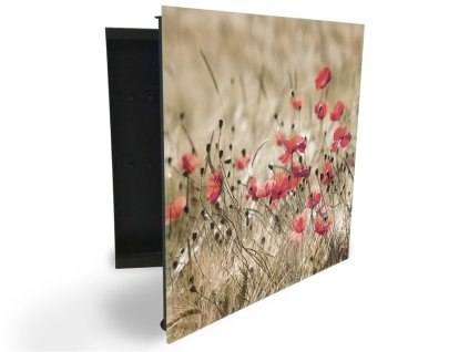 Glasdekor skříňka na klíče - vlčí máky v obilí (Barva skříňky Černá, Otevírání Pravé)