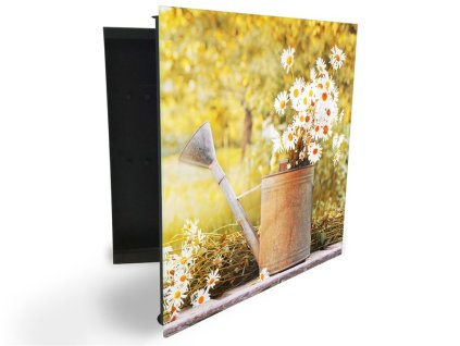 Glasdekor skříňka na klíče - bílé kopretiny a konev (Barva skříňky Černá, Otevírání Pravé)