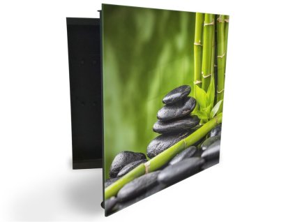 Glasdekor skříňka na klíče - černé kameny a zelený bambus (Barva skříňky Černá, Otevírání Pravé)