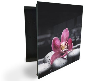Glasdekor skříňka na klíče - květ orchideje na černém kameni (Barva skříňky Černá, Otevírání Pravé)