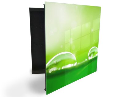 Glasdekor skříňka na klíče - detail rosy na zeleném (Barva skříňky Černá, Otevírání Pravé)