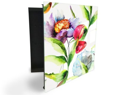 Glasdekor skříňka na klíče - květy tulipán, mák akvarel (Barva skříňky Černá, Otevírání Pravé)