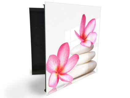 Glasdekor skříňka na klíče - růžový květ na bílém kameni (Barva skříňky Černá, Otevírání Pravé)