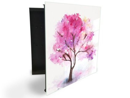 Glasdekor skříňka na klíče - růžový strom akvarel (Barva skříňky Černá, Otevírání Pravé)