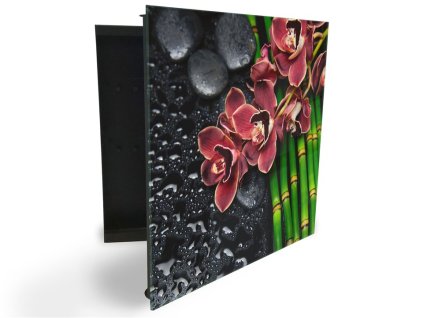 Glasdekor skříňka na klíče - orchidej, černý kámen a bambus (Barva skříňky Černá, Otevírání Pravé)