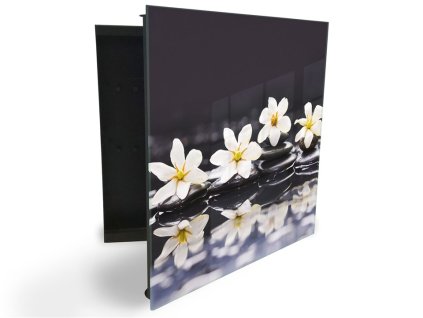 Glasdekor skříňka na klíče - gardénie a černé oblázky (Barva skříňky Černá, Otevírání Pravé)