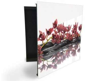 Glasdekor skříňka na klíče - červená orchidej na zen kameni (Barva skříňky Černá, Otevírání Pravé)