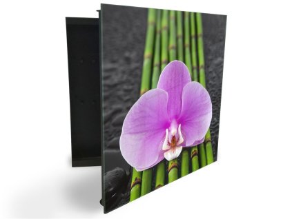 Glasdekor skříňka na klíče - fialová orchidej na bambusu (Barva skříňky Černá, Otevírání Pravé)