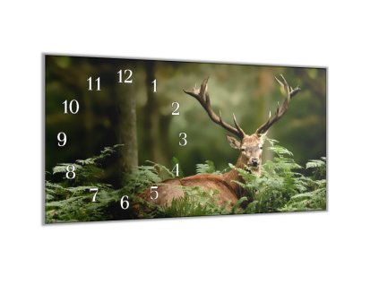 Nástěnné hodiny 30x60cm jelen v kapradí (Materiál kalené sklo)
