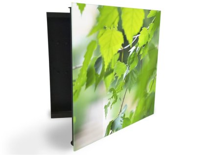 Glasdekor skříňka na klíče - detail listí břízy (Barva skříňky Černá, Otevírání Pravé)