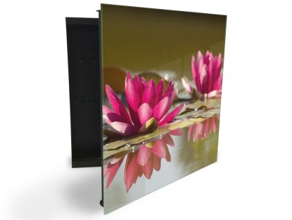 Glasdekor skříňka na klíče - květ růžový leknín na vodě (Barva skříňky Černá, Otevírání Pravé)