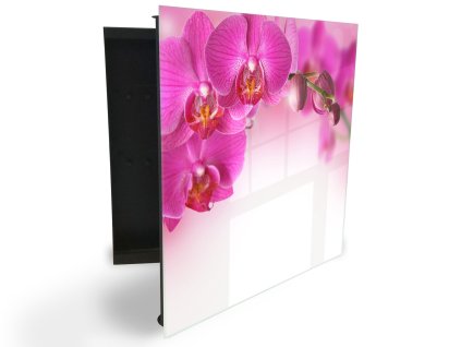 Glasdekor skříňka na klíče - květy tmavě růžová orchidej (Barva skříňky Černá, Otevírání Pravé)