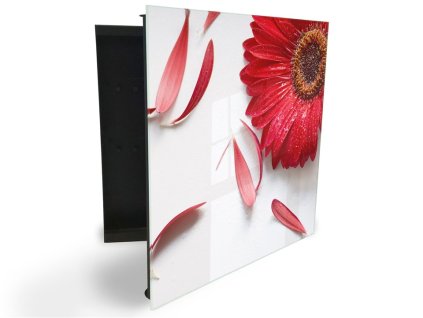 Glasdekor skříňka na klíče - květ červené gerbery na bílém (Barva skříňky Černá, Otevírání Pravé)