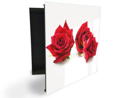 Glasdekor skříňka na klíče - květy červené růže na bílém (Barva skříňky Černá, Otevírání Pravé)