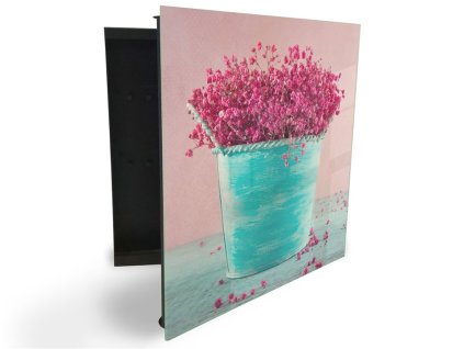 Glasdekor skříňka na klíče - růžový vřes a tyrkysový květináč (Barva skříňky Černá, Otevírání Pravé)