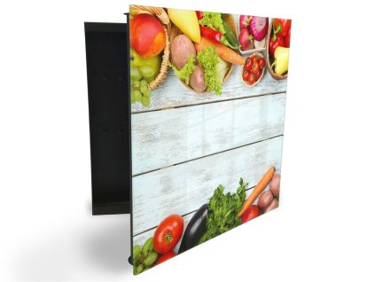 Glasdekor skříňka na klíče - ovoce a zelenina na bílém dřevě (Barva skříňky Černá, Otevírání Pravé)