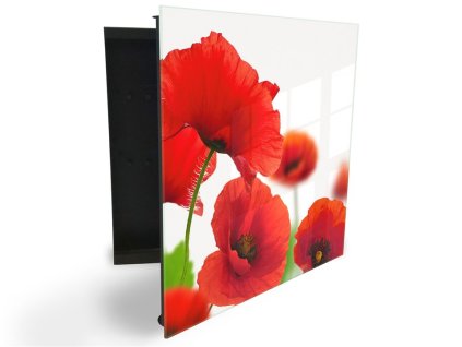 Glasdekor skříňka na klíče - květy vlčí máky na bílém (Barva skříňky Černá, Otevírání Pravé)