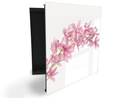 Glasdekor skříňka na klíče - růžové květy orchideje (Barva skříňky Černá, Otevírání Pravé)