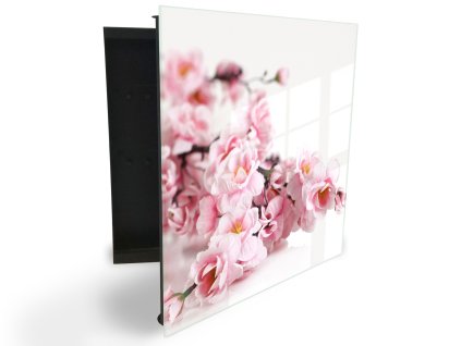 Glasdekor skříňka na klíče - růžové květy třešně (Barva skříňky Černá, Otevírání Pravé)