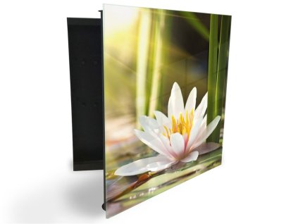 Glasdekor skříňka na klíče - květ leknín na vodě (Barva skříňky Černá, Otevírání Pravé)