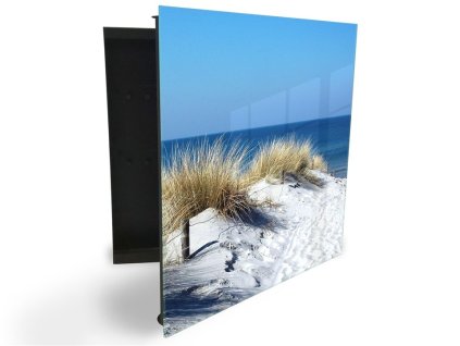 Glasdekor skříňka na klíče - písečná pláž s trávou u moře (Barva skříňky Černá, Otevírání Pravé)