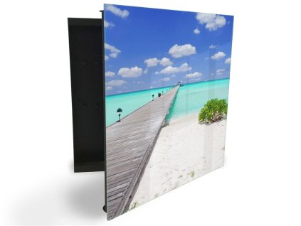 Glasdekor skříňka na klíče - most z pláže nad tropické moře (Barva skříňky Černá, Otevírání Pravé)