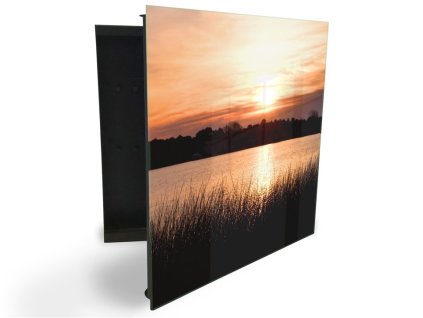 Glasdekor skříňka na klíče - hladina jezera v západu slunce (Barva skříňky Černá, Otevírání Pravé)