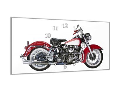 Nástěnné hodiny 30x60cm tm. červená motorka veterán (Materiál kalené sklo)