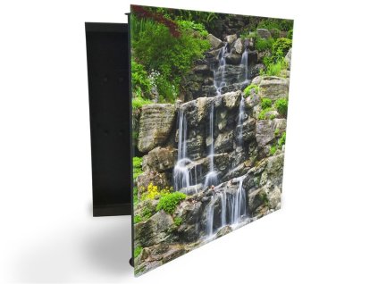 Glasdekor skříňka na klíče - malý vodopád ze skály v přírodě (Barva skříňky Černá, Otevírání Pravé)