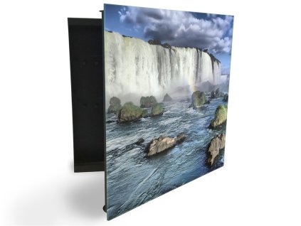 Glasdekor skříňka na klíče - vodopády do moře a kameny (Barva skříňky Černá, Otevírání Pravé)